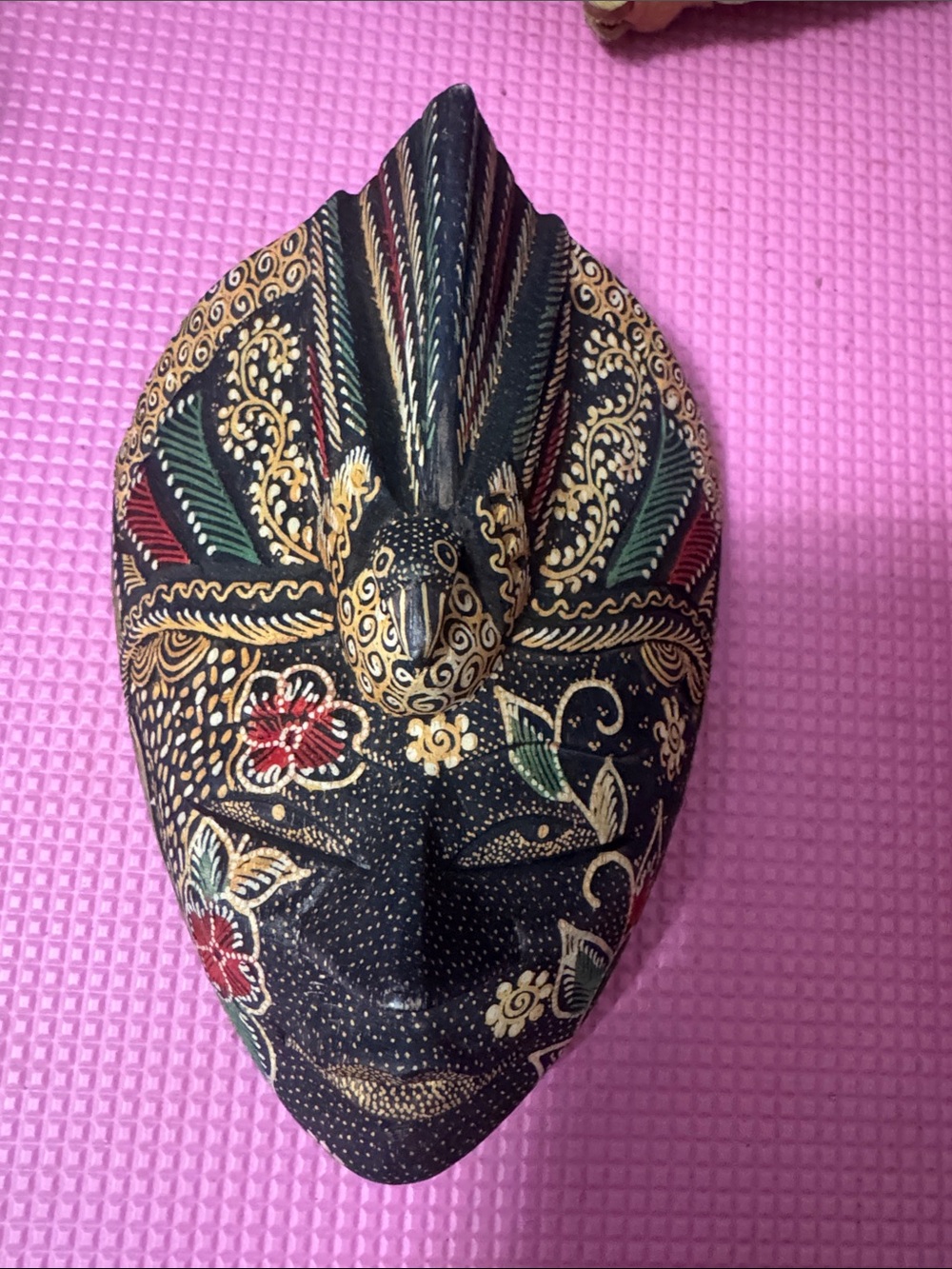Source Unknown Black Batik Floral Decorative Mask with Gold Accents